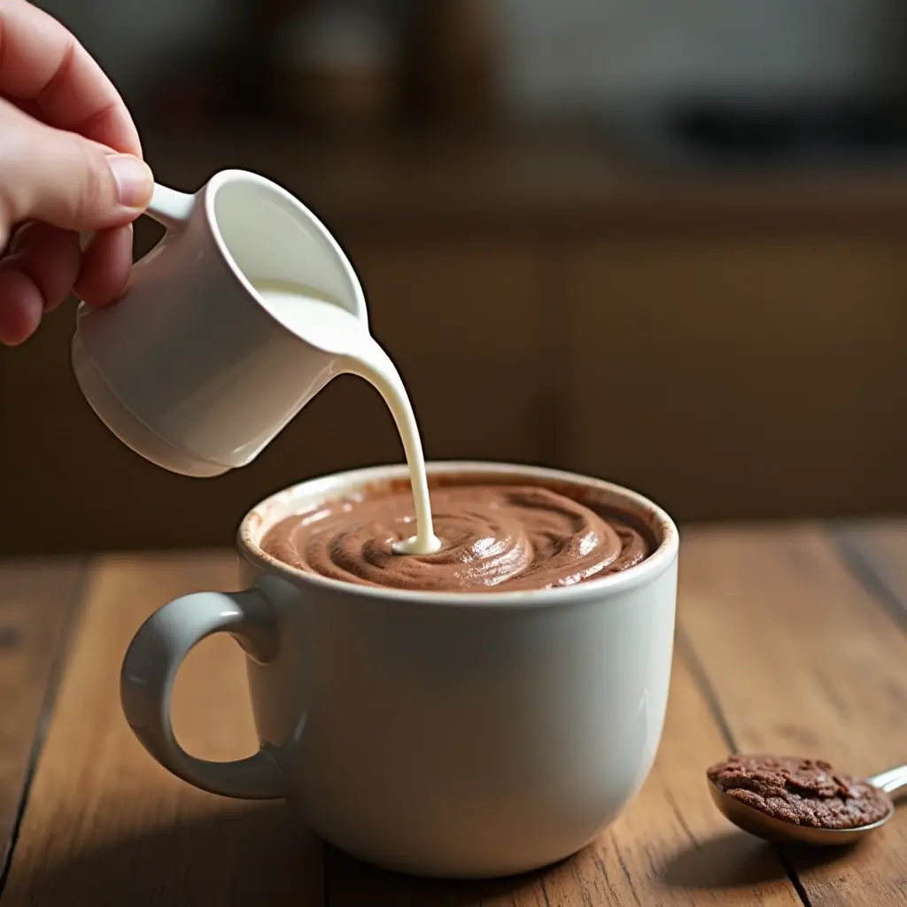 Pouring milk into a mug with dry ingredients to make 3 Ingredient Mug Cake batter.