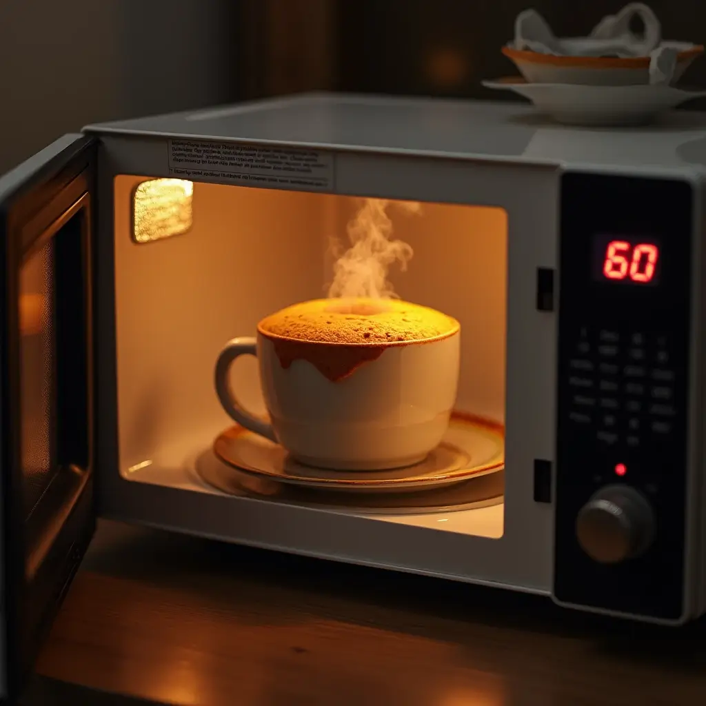 Mug cake rising in a microwave, showing fluffy texture and steam.