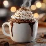 Warm chocolate 3 Ingredient Mug Cake in a white mug, topped with whipped cream and chocolate drizzle, on a rustic wooden table.