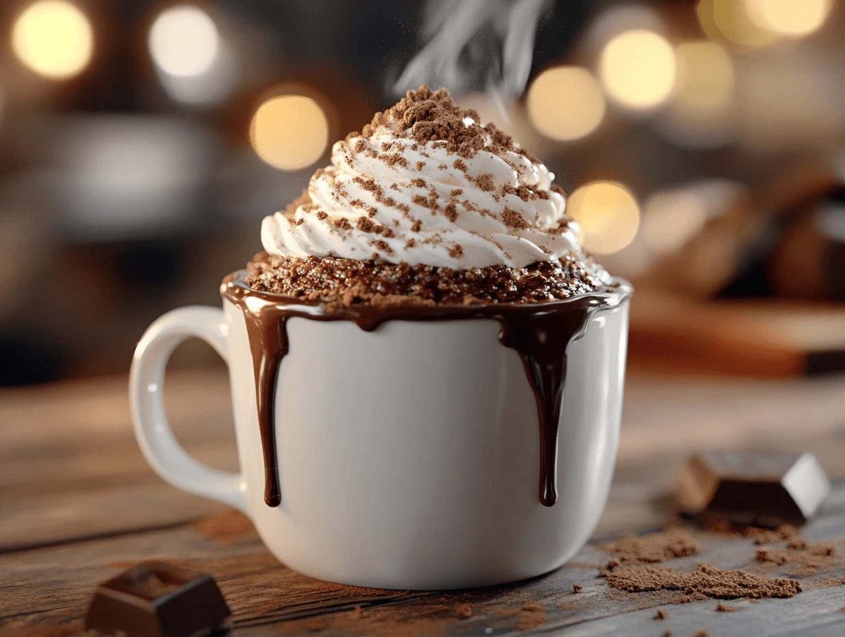 Warm chocolate 3 Ingredient Mug Cake in a white mug, topped with whipped cream and chocolate drizzle, on a rustic wooden table.